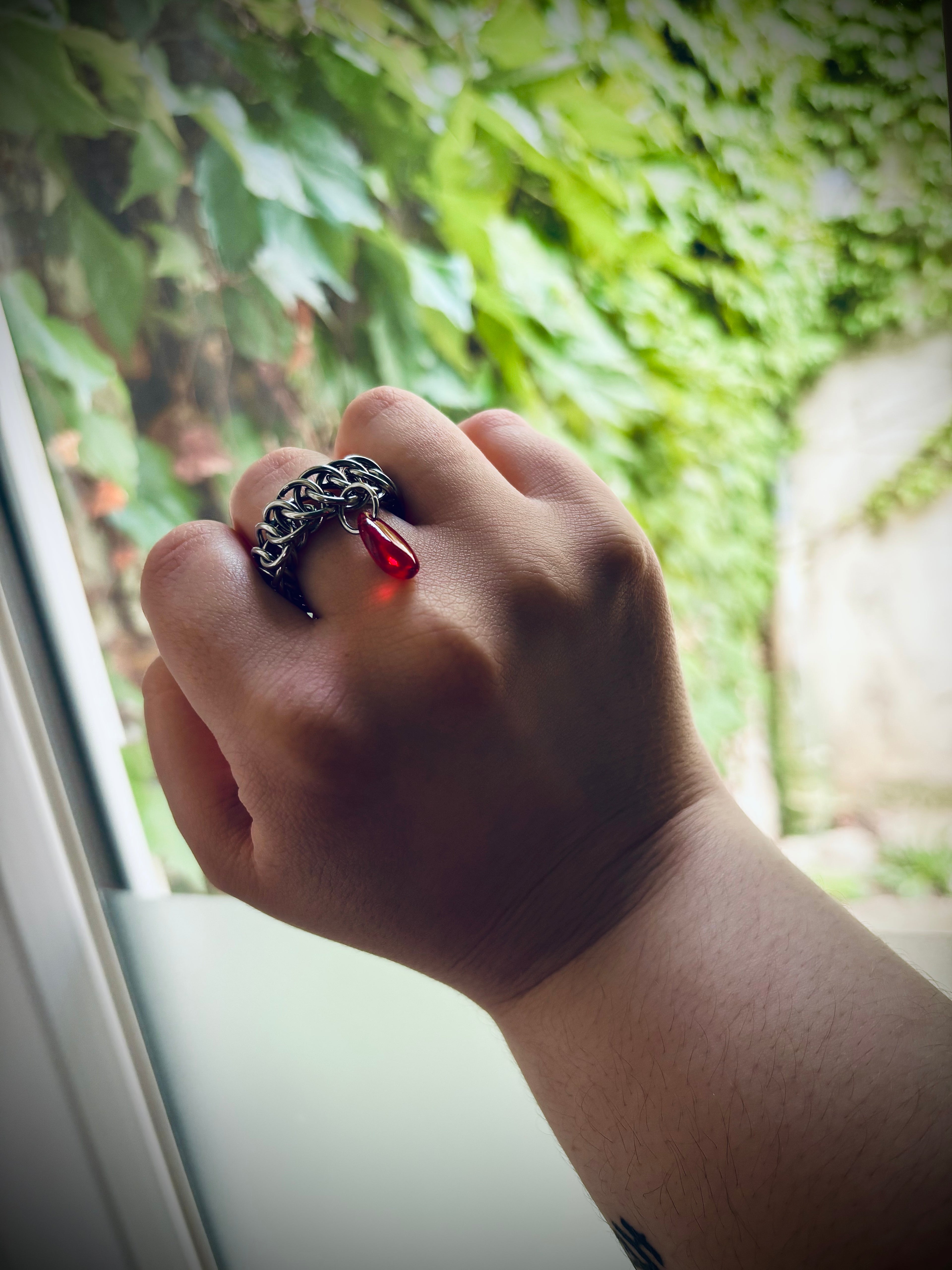 BELLONA || Chainmail Ring With A Blood Drop